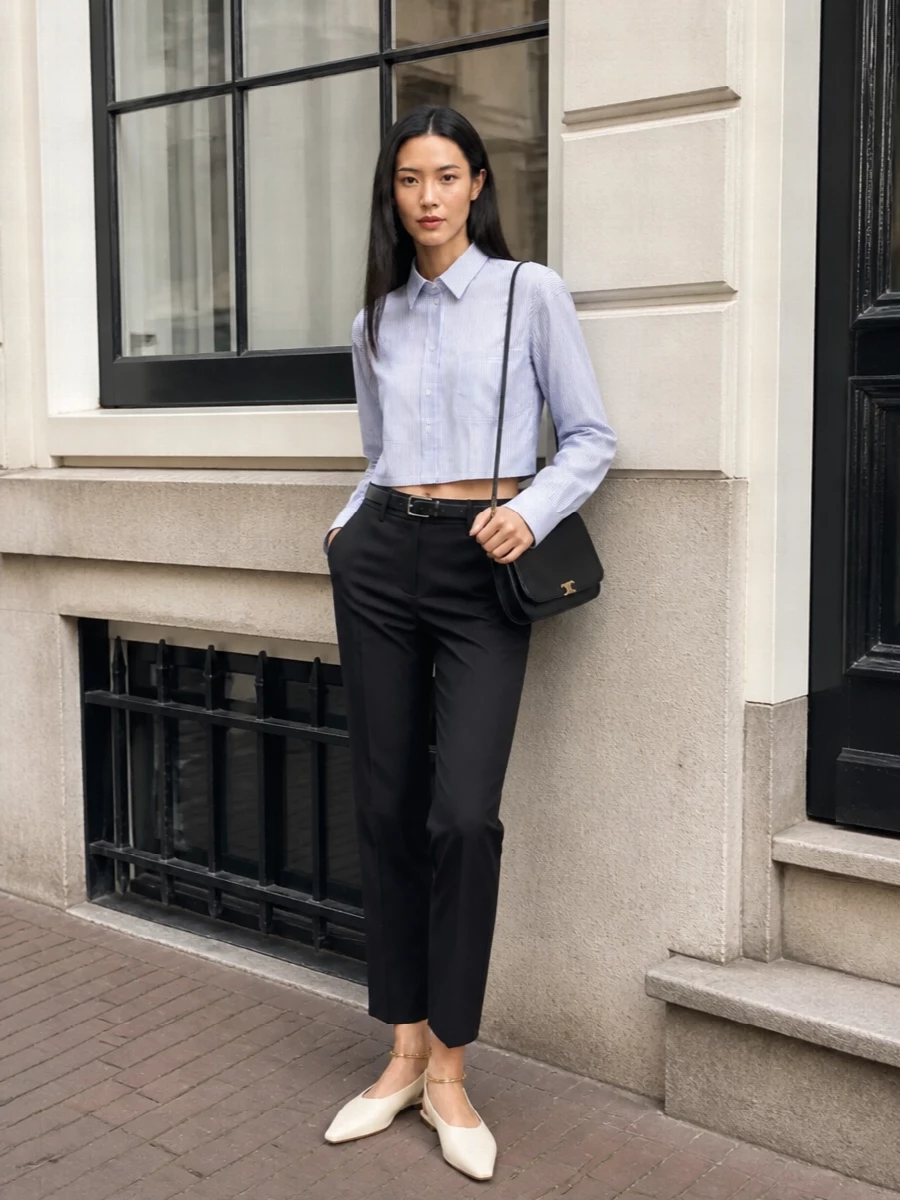 Celine striped shirt cropped trousers flats