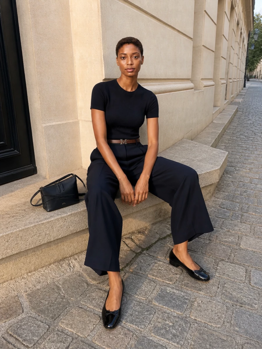 S max mara navy tee wide leg trousers outfit