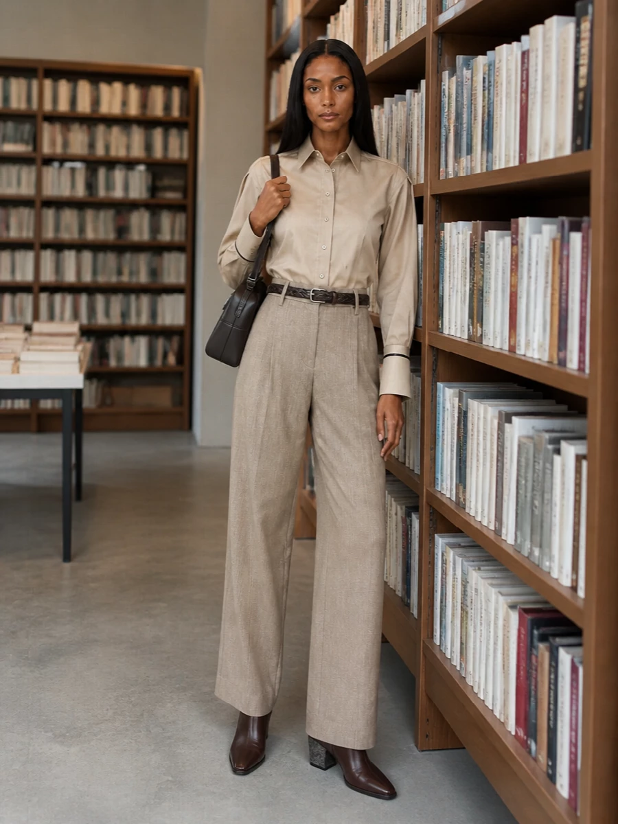 Brunello cucinelli neutral shirt taupe wide leg pants