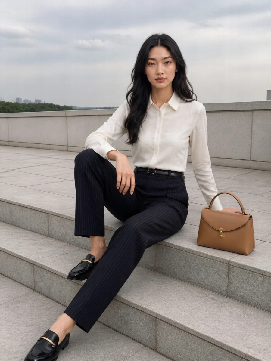 Max mara pinstripe trousers ivory shirt outfit