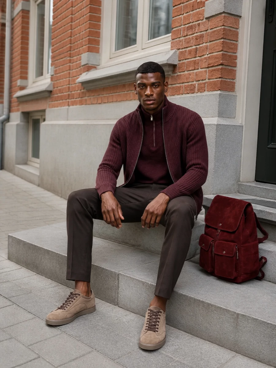 Brunello cucinelli burgundy cardigan outfit