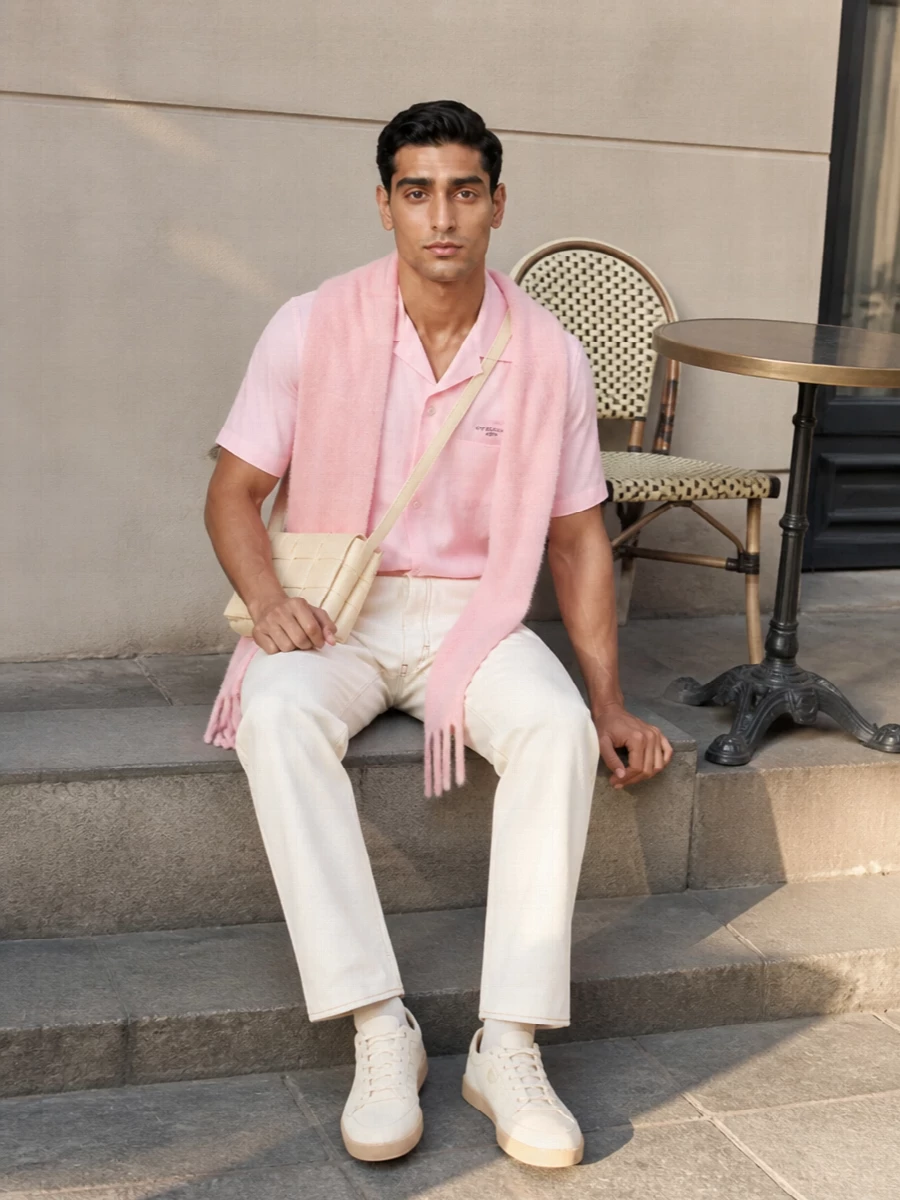 Givenchy pink shirt ivory trousers prada sneakers