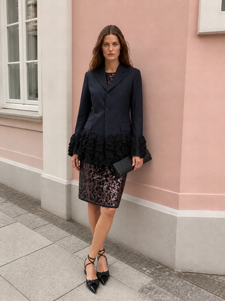 I am treating the Comme des Garçons blazer as the hero outer layer, so pairing it with a simple yet high-impact dress feels more coherent than adding another tailored top and trouser. The Prada sequinned sheath, crystal-bow flats and sleek Balmain clutch create a dark, romantic cocktail narrative where texture and light do the talking, but the silhouette stays long, clean and modern. It is a gallery-opening or late-dinner ensemble that leans fully into couture-level whimsy without losing polish.