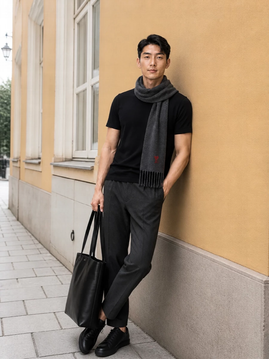 Ami paris black tshirt charcoal trousers outfit