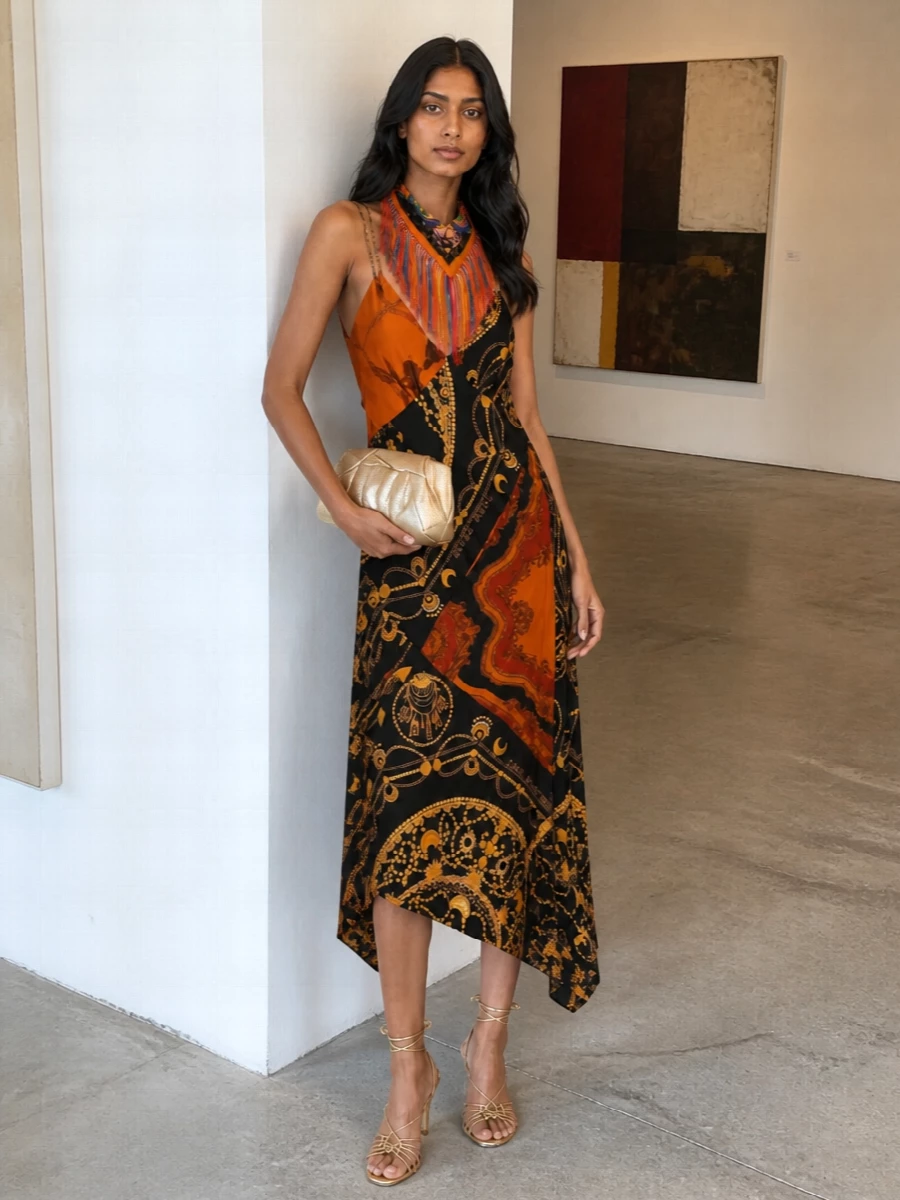 Marine serre slip dress gold heels clutch