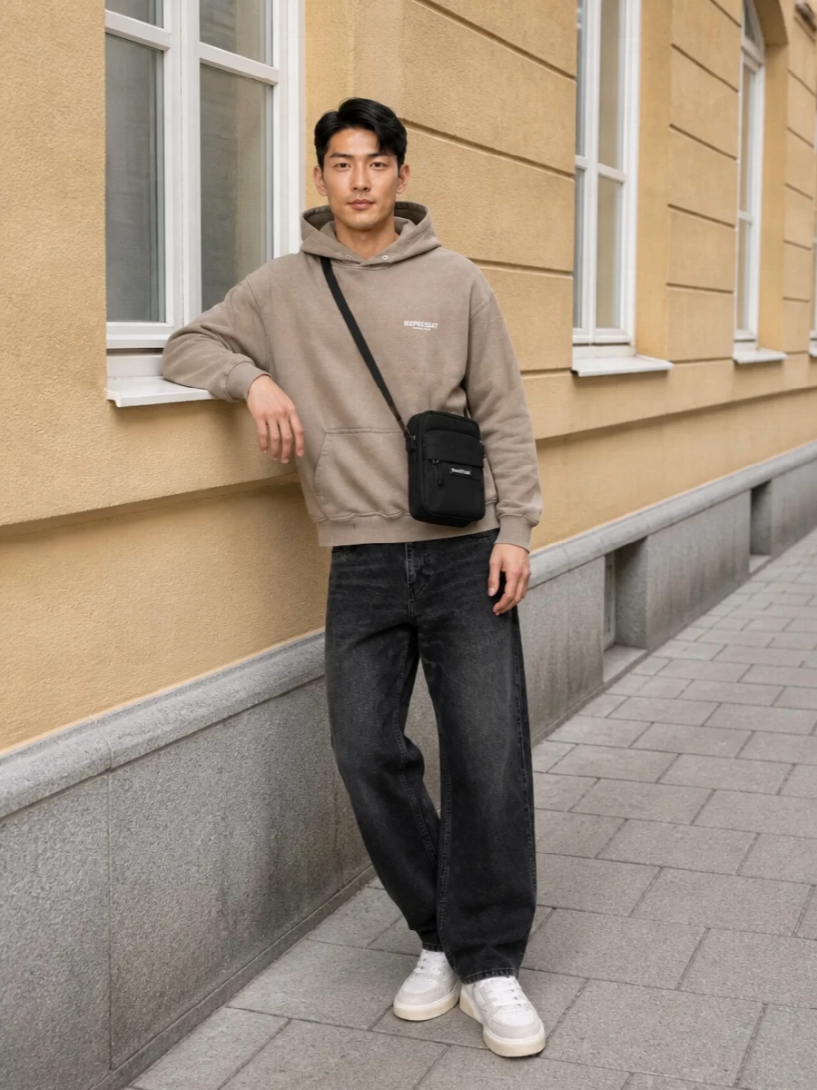 Represent taupe hoodie washed black jeans outfit