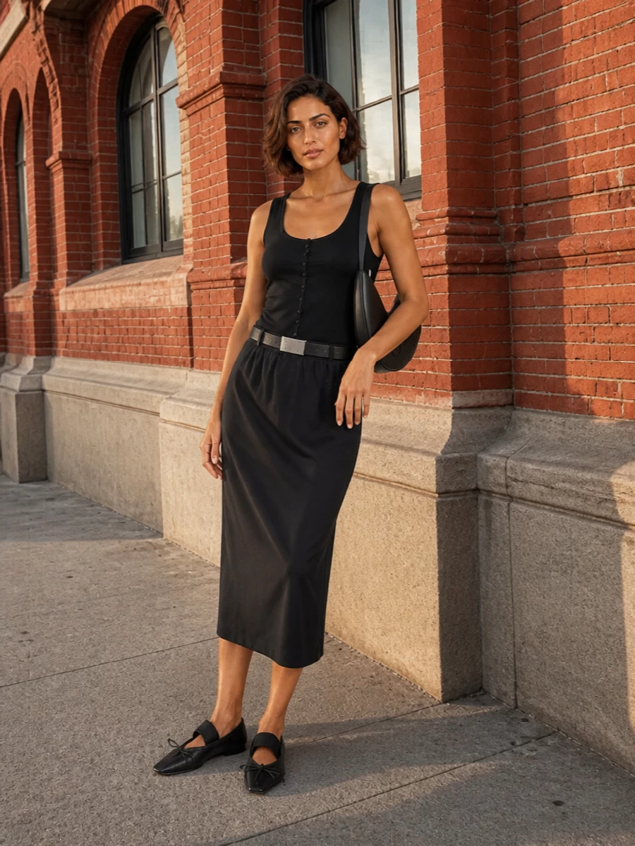 A matte black scoop-neck tank meets a fluid black midi column skirt for a long, lean line that feels minimal but not flat. The sheer-pointed MM6 flats and sculpted Themoiré shoulder bag bring a precise, urban polish, while a slim Margiela belt quietly snaps everything into focus. It is a low-key, city-ready combination that moves easily from daytime errands to late casual dinners.