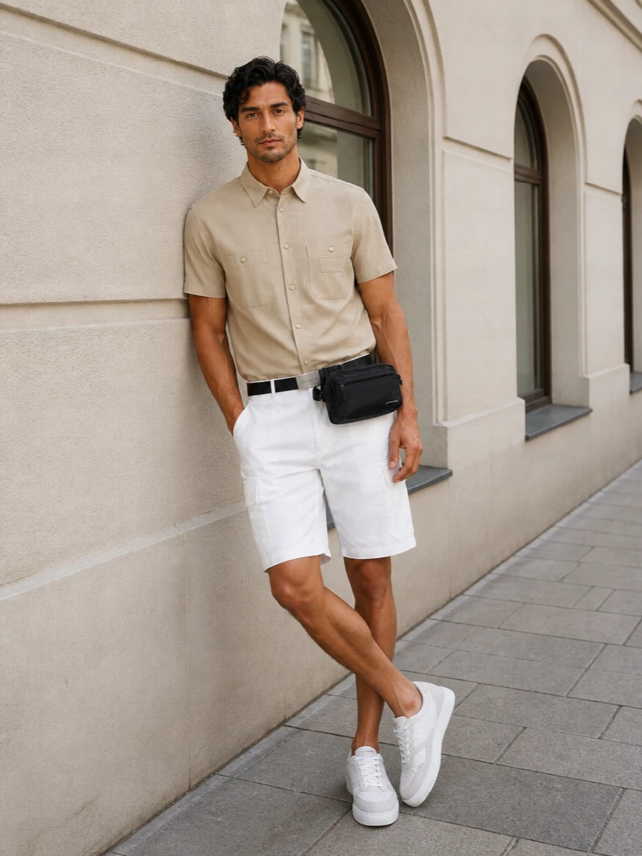 Givenchy white cargo shorts beige shirt sneakers