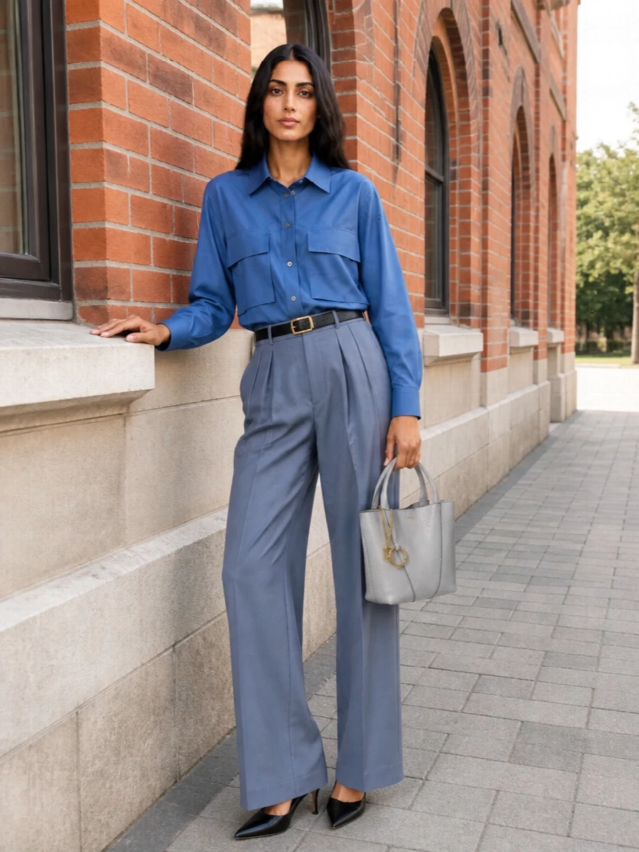 Chloe grey trousers slate shirt outfit