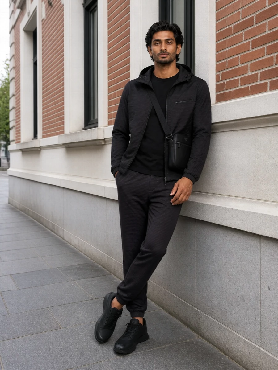 A monochrome city uniform built around Emporio Armani’s textured hooded jacket, this outfit leans into quiet, logo-lite streetwear. The tonal long-sleeve, refined joggers and sleek black runner keep everything streamlined for travel, commutes and off-duty evenings, with the compact crossbody sharpening the finish without adding fuss.
