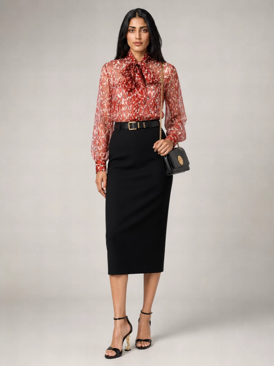 Saint Laurent Silk Floral Print Scarf Collar Blouse