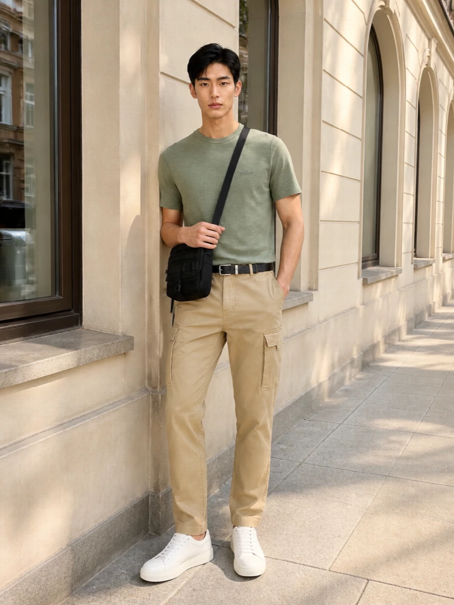 Woolrich cargo sage tee white sneakers