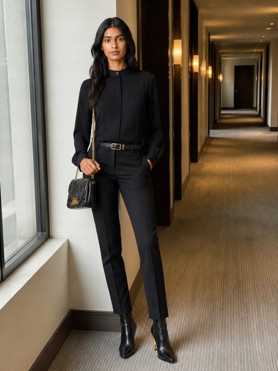 A high-neck black McQueen blouse is anchored by razor-sharp high-rise tailored trousers for a clean, columnar line. Pointed black ankle boots with a flash of gold and a quilted chain bag pick up the blouse’s metal detail, while a slim gold-buckled belt subtly carves the waist. The result is quiet, city-ready polish that reads boardroom at four and bar reservation at eight.