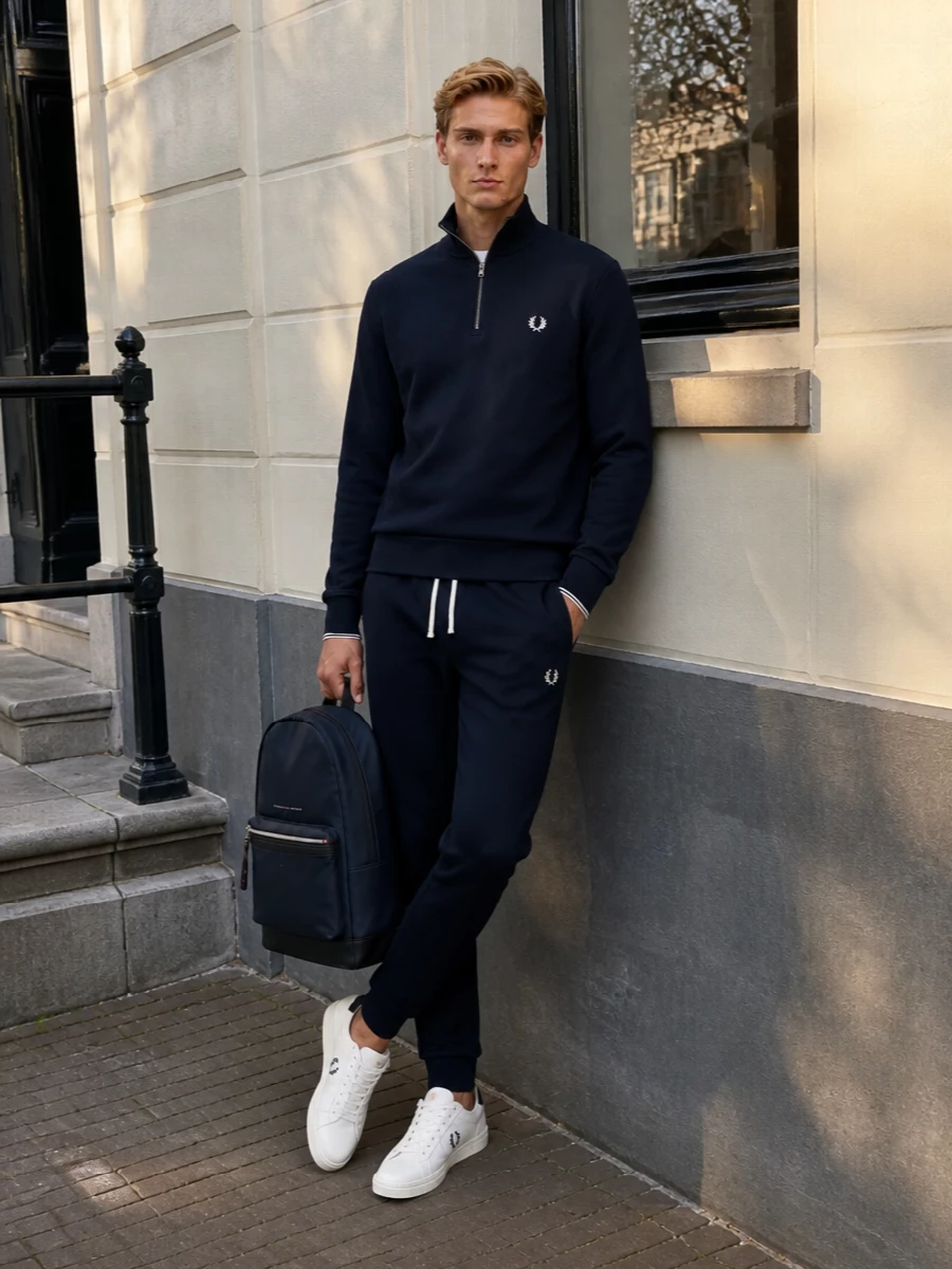 Fred perry navy sweatshirt white sneakers outfit