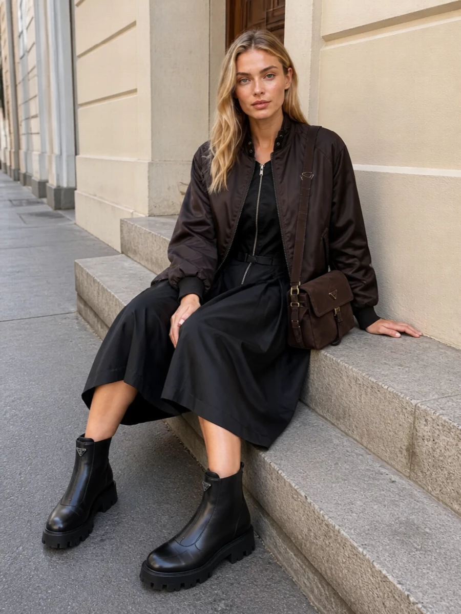 I am anchoring the bomber with the tailored black Prada midi dress rather than separates, so the nylon outerwear reads as a deliberate, almost uniform-like layer over a clean column. The chunky black ankle boots keep the proportions strong and grounded, while the chocolate cross-body quietly links back to the bomber’s tone for a cohesive, city-ready result.