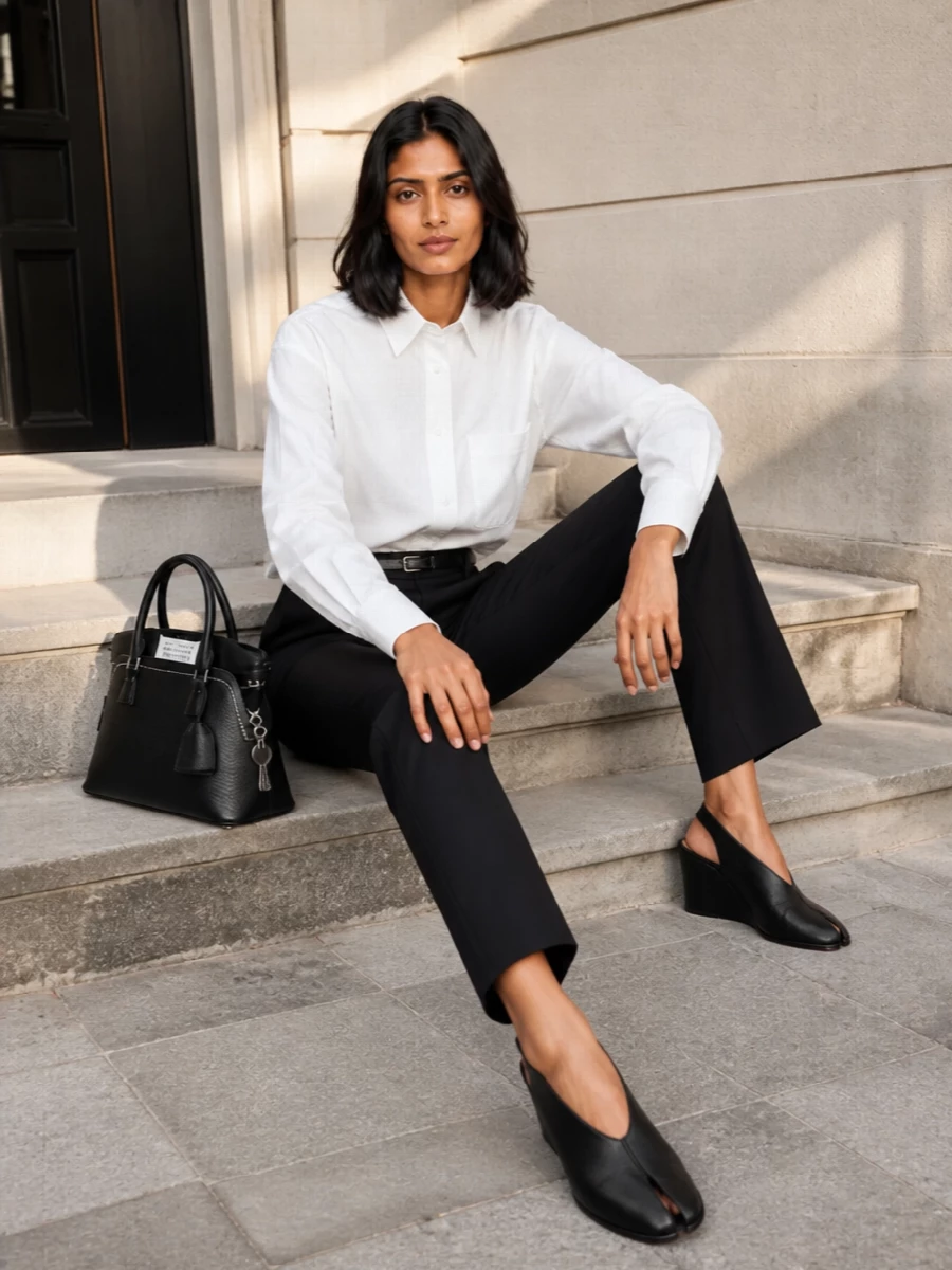 Maison margiela black trouser white shirt outfit