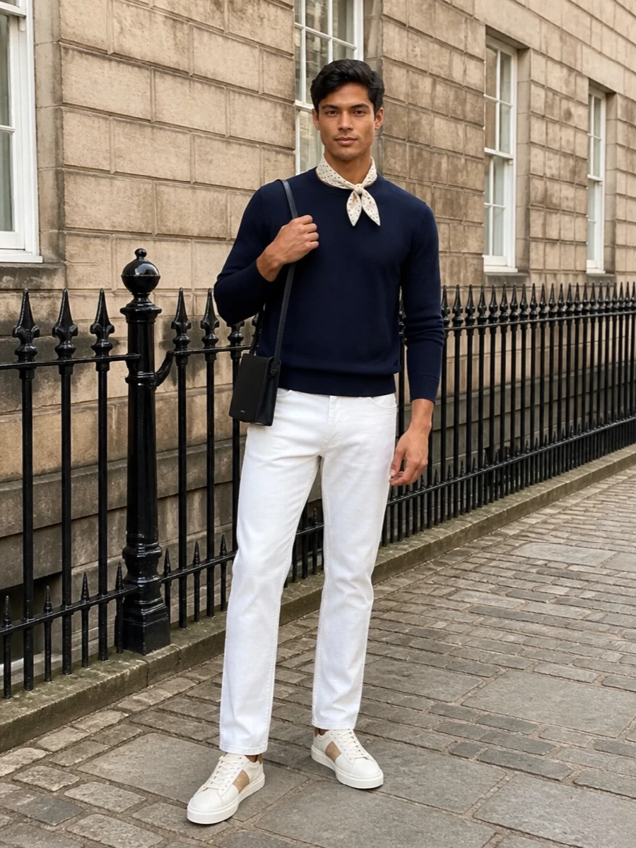 Zanone navy sweater off white jeans outfit
