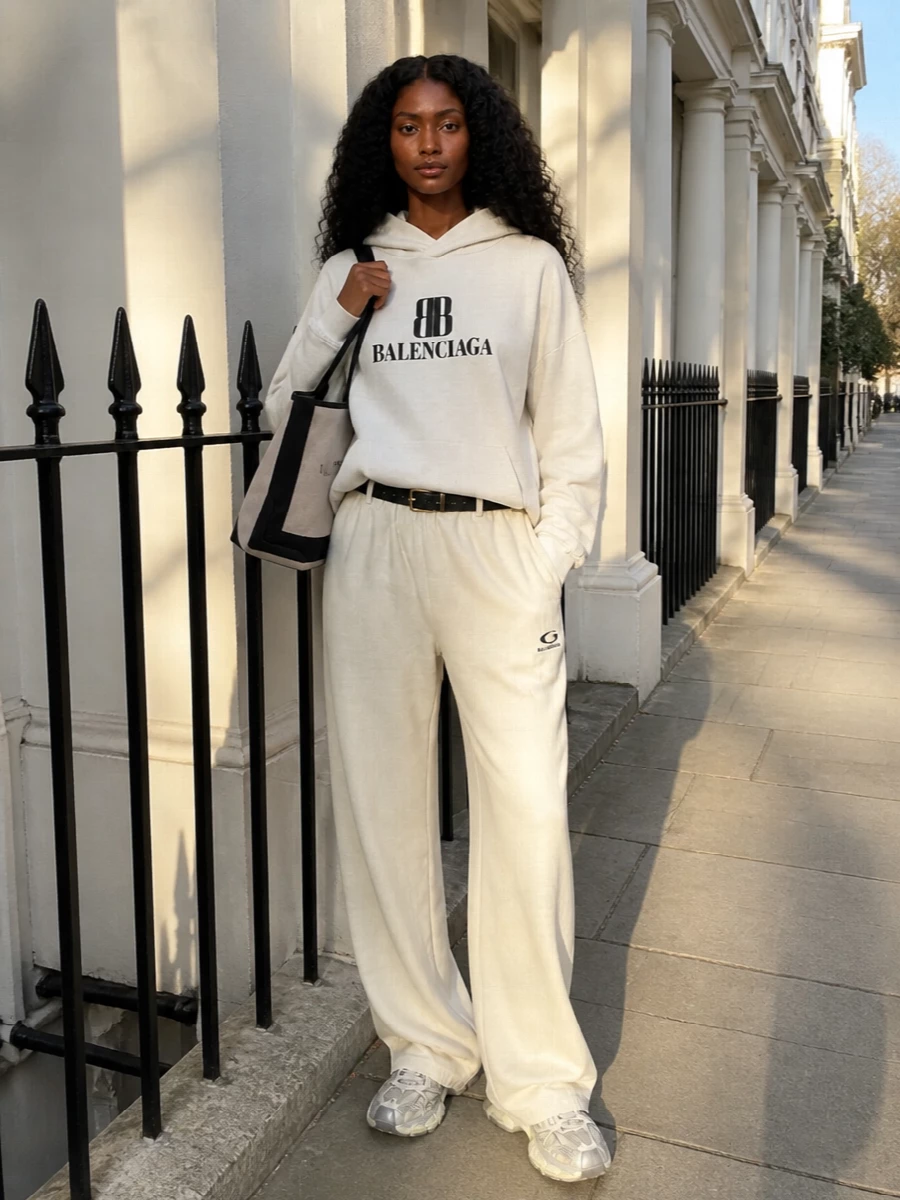 A monochrome-neutral Balenciaga track story, built on wide beige trousers and an oversized off white logo hoodie for a soft but graphic streetwear statement. Chunky pale runners ground the volume, while the structured canvas tote and slim black belt introduce just enough structure to keep the silhouette intentional and city ready.