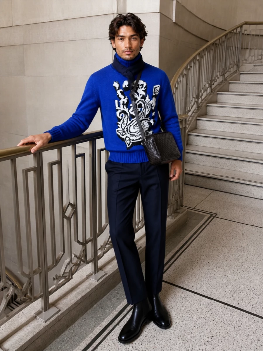 Etro cobalt turtleneck navy trousers outfit