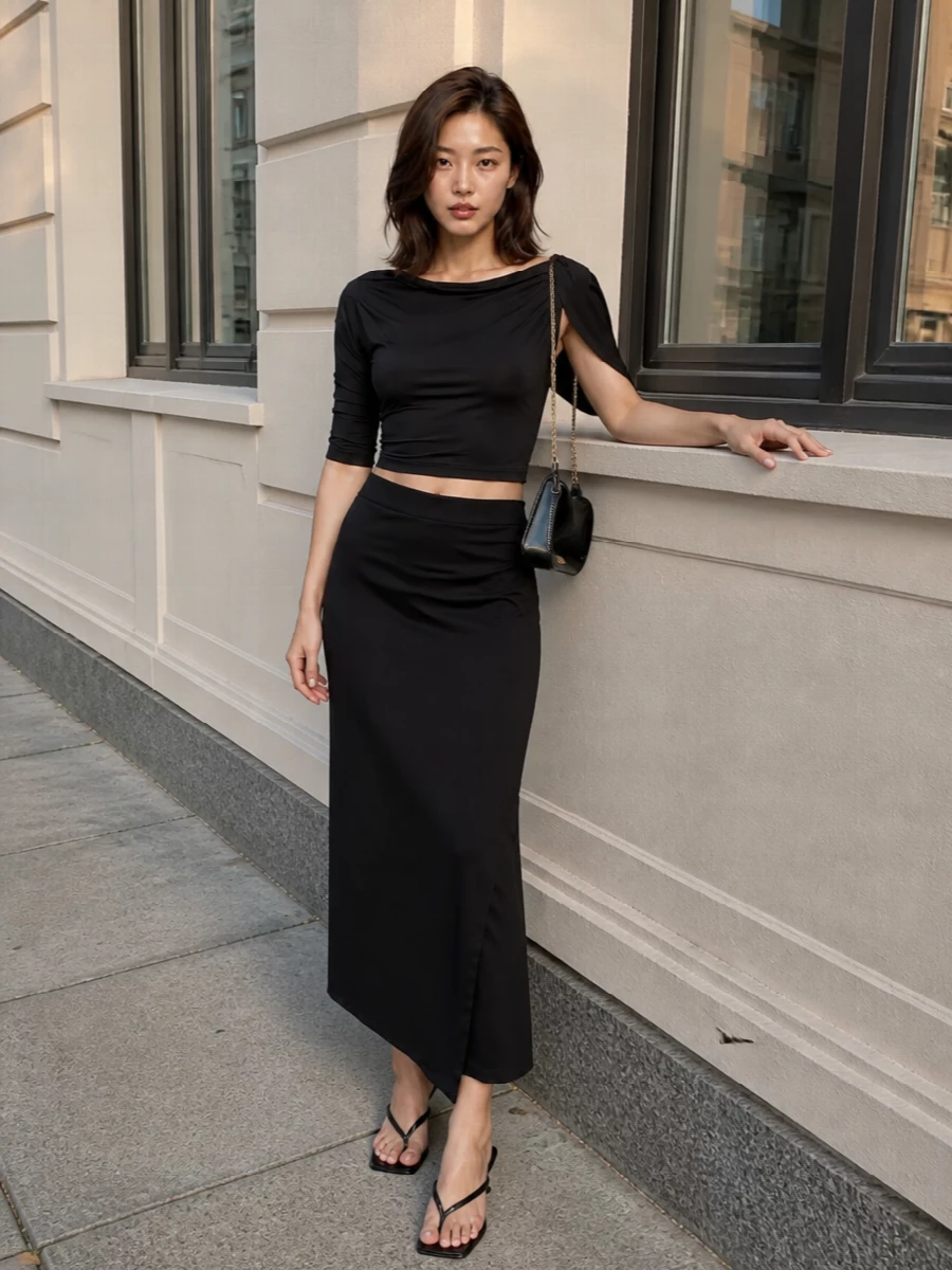 Jacquemus black asymmetric top midi skirt outfit