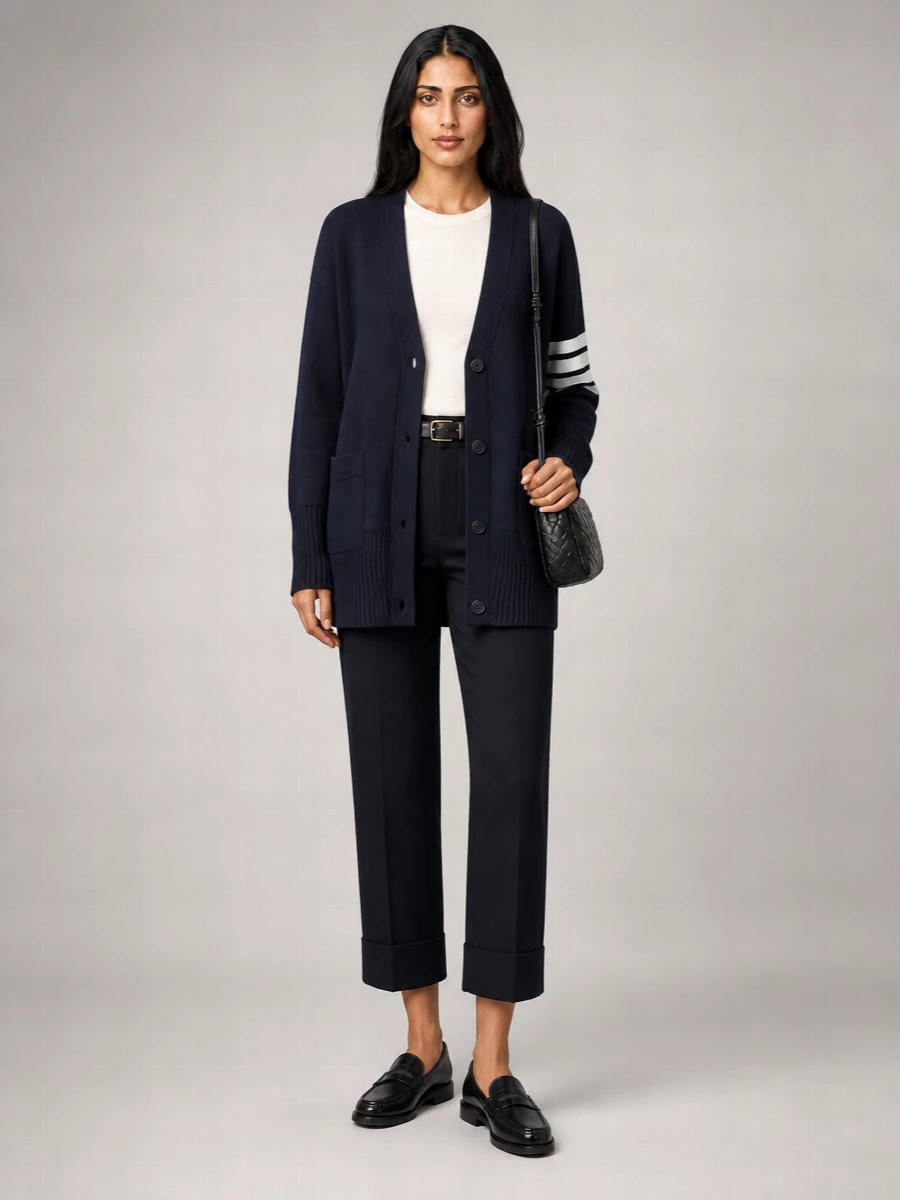 Thom Browne Fine-Knit V-Neck Wool Cardigan