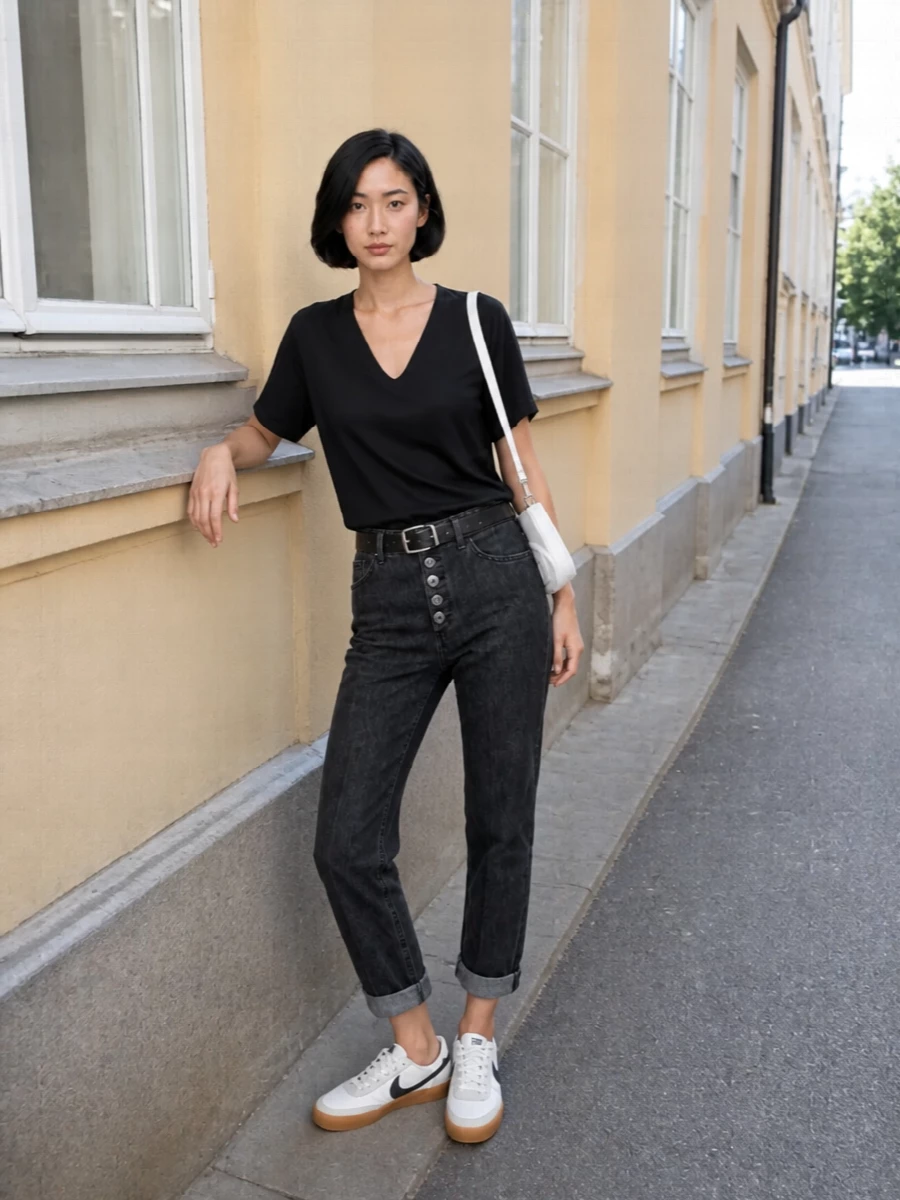Charcoal denim and a fluid black V-neck set a clean, grounded base, with the high waist subtly defined by a precise black belt. Off-white gum-sole sneakers and a structured white cross-body bring in just enough contrast, keeping the palette tight and the mood quietly urban. It is an easy off-duty uniform that feels intentional from coffee runs to casual dinners.