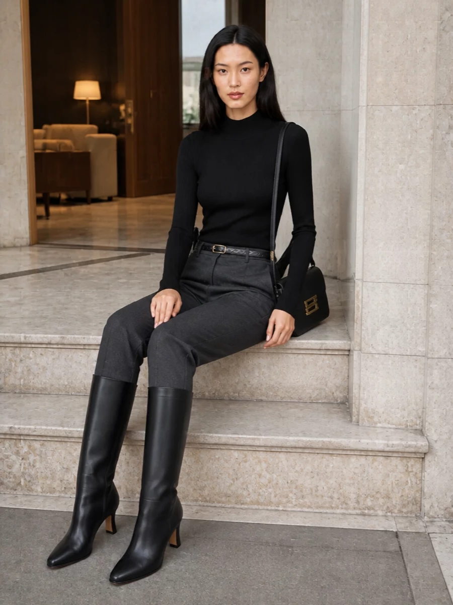 Victoria beckham black knit charcoal trouser outfit