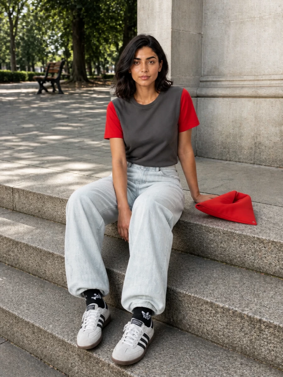 Charcoal and red stay in focus with wide, washed-grey denim that drops cleanly from the hip, keeping the graphic tee feeling easy rather than precious. Slim retro trainers and a sharp red Japanese tote finish it with a low-key sport edge and one decisive hit of color. Logo socks peeking out above the gum soles make the whole mix feel thought-through but still relaxed for city days.