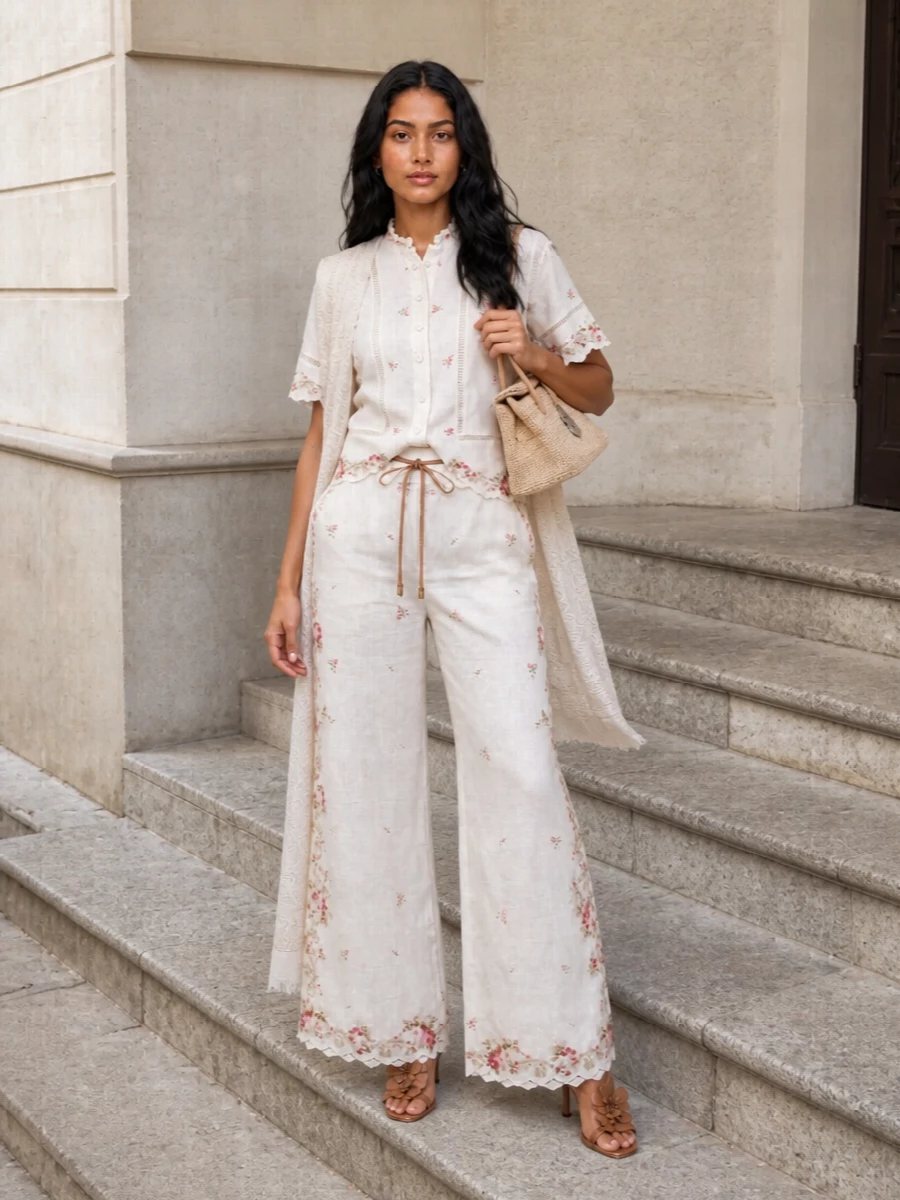 Zimmermann floral wide leg trousers tan sandals