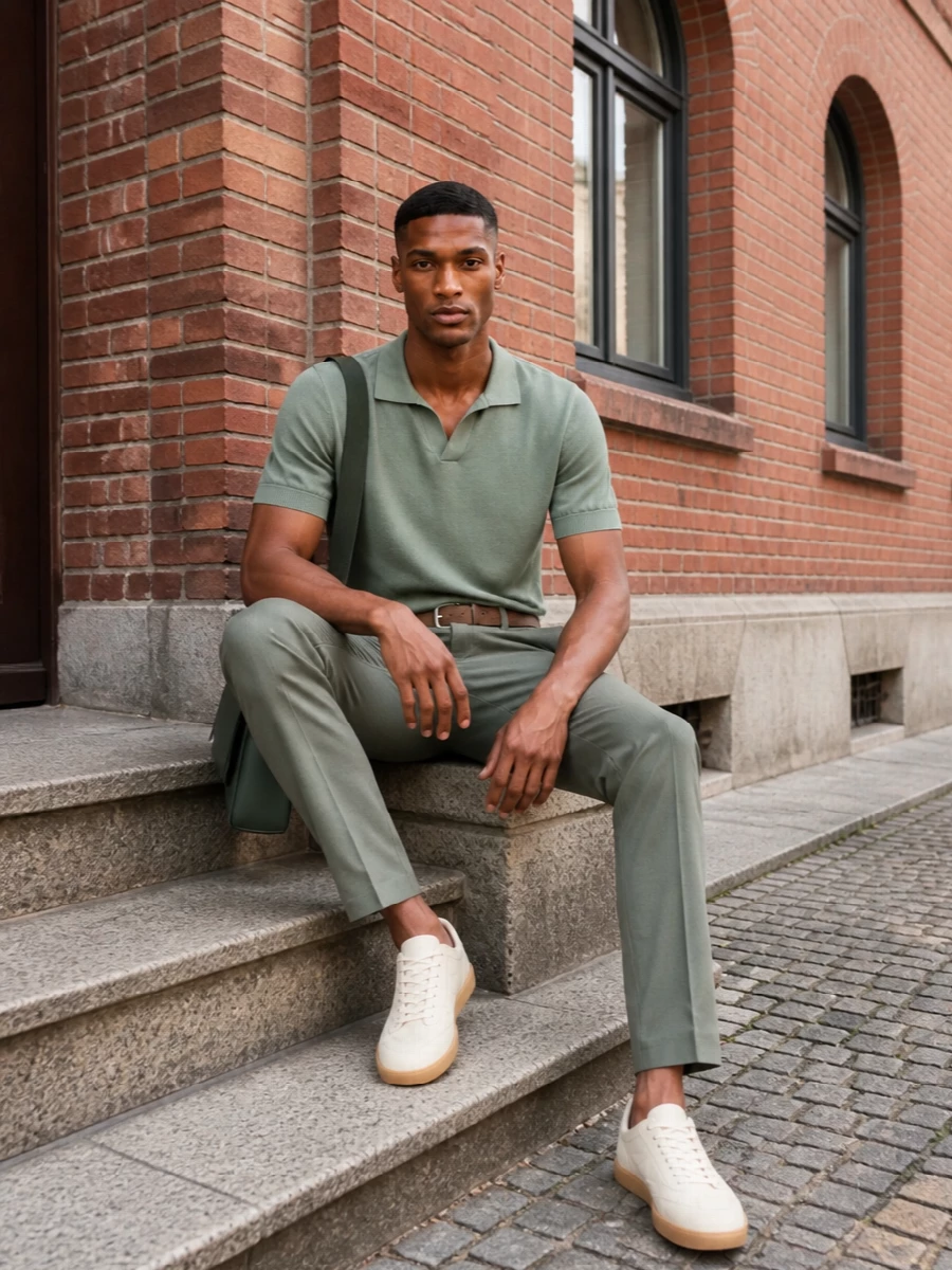 Muted sage on sage sets a calm, modern base, with the knit polo echoing the trouser tone for a quietly tailored column of colour. Cream sneakers and a camel suede belt warm the palette just enough, keeping everything in a smart yet relaxed register. The forest-green messenger finishes it with a precise, architectural note that still feels easy for warm city days or understated dinners.