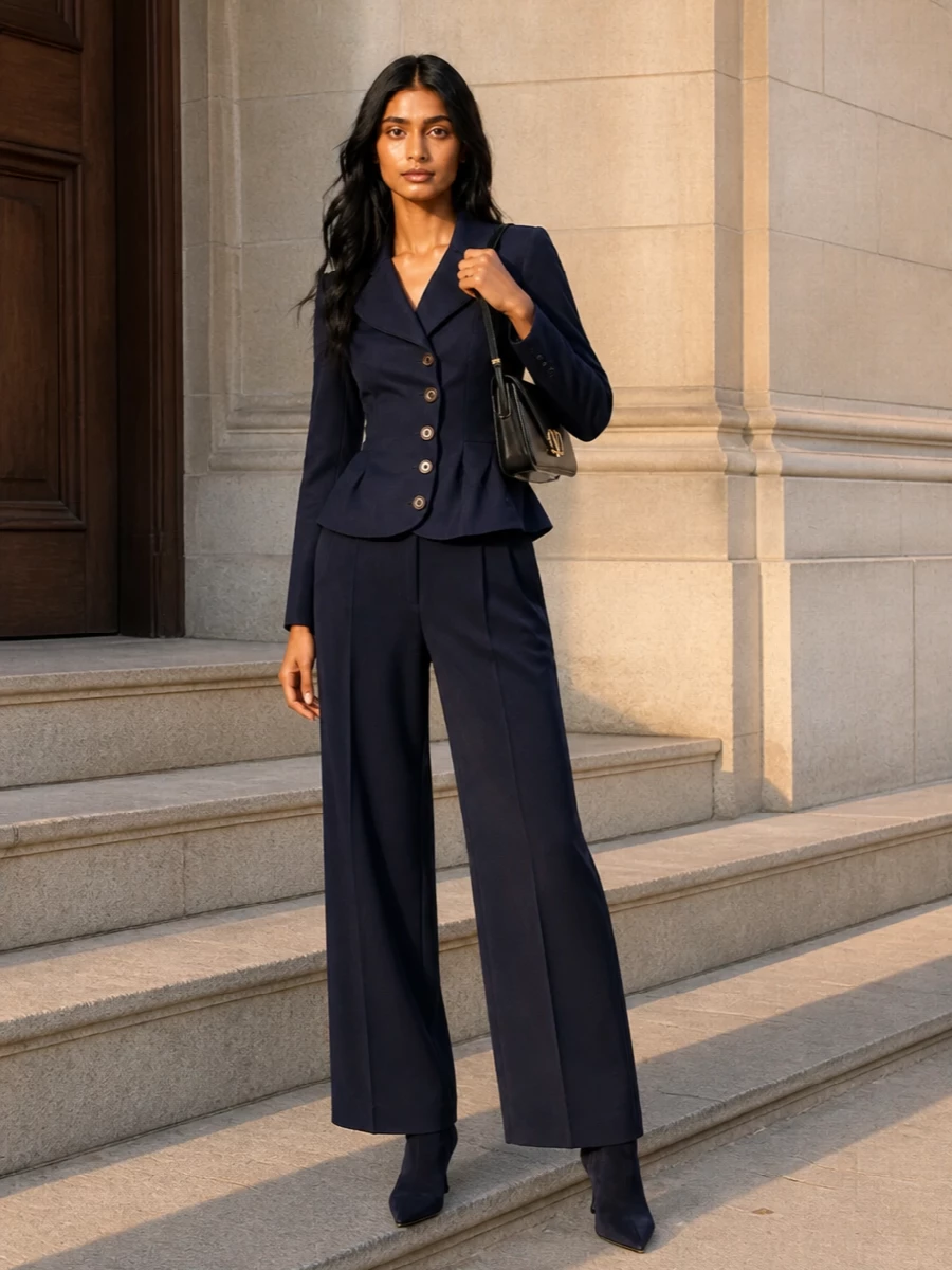 Ink navy tailoring is the story here, with the sculpted Vivienne Westwood jacket flowing into fluid, high-rise Blazé Milano trousers for a long, controlled line. Midnight-navy Jimmy Choo boots keep the leg uninterrupted, while a structured black Valentino shoulder bag adds just enough metal to underline the precision. It is modern boardroom-to-dinner suiting that feels powerful, feminine, and quietly decisive in its details.