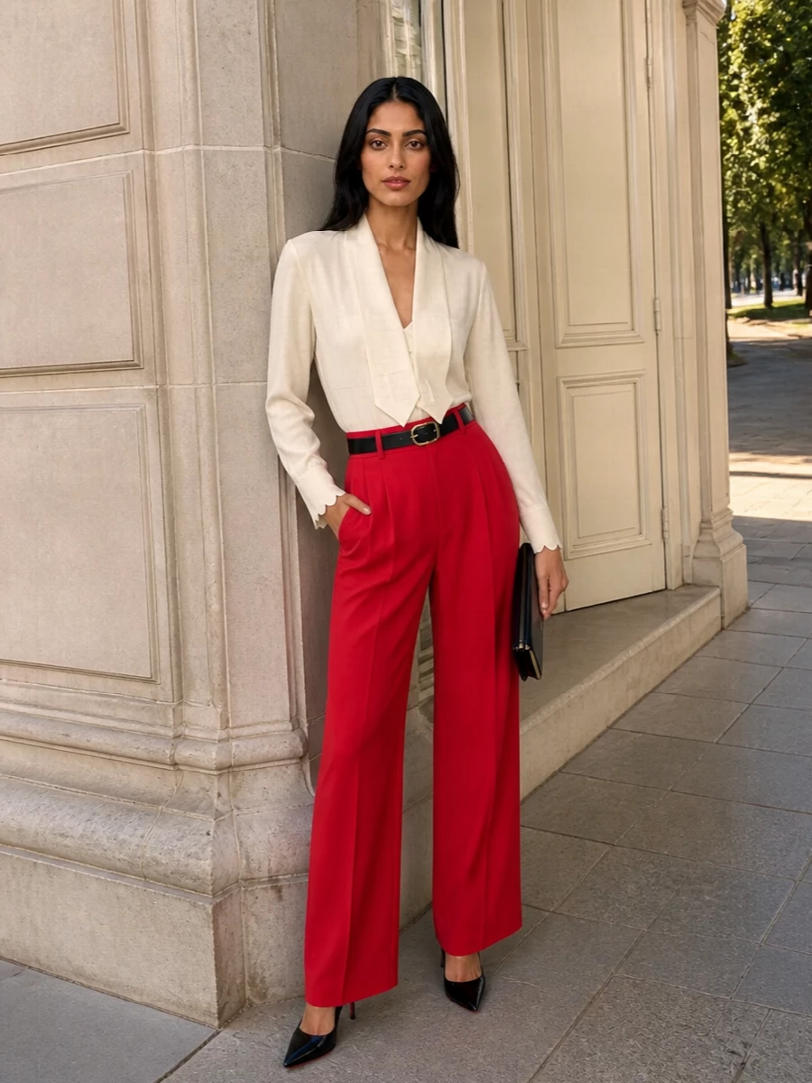 Elisabetta franchi red wide leg trousers outfit