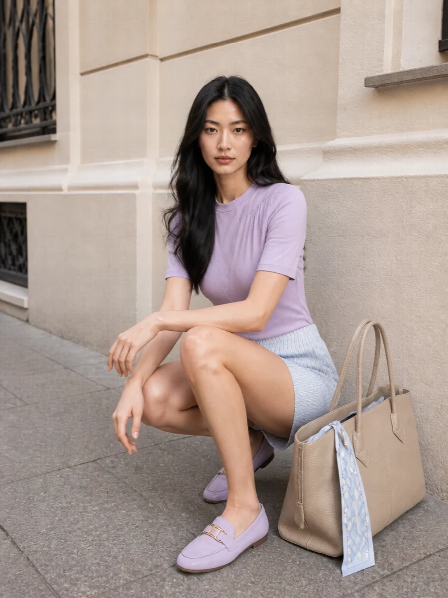 Attico lilac tee striped shorts loafers outfit