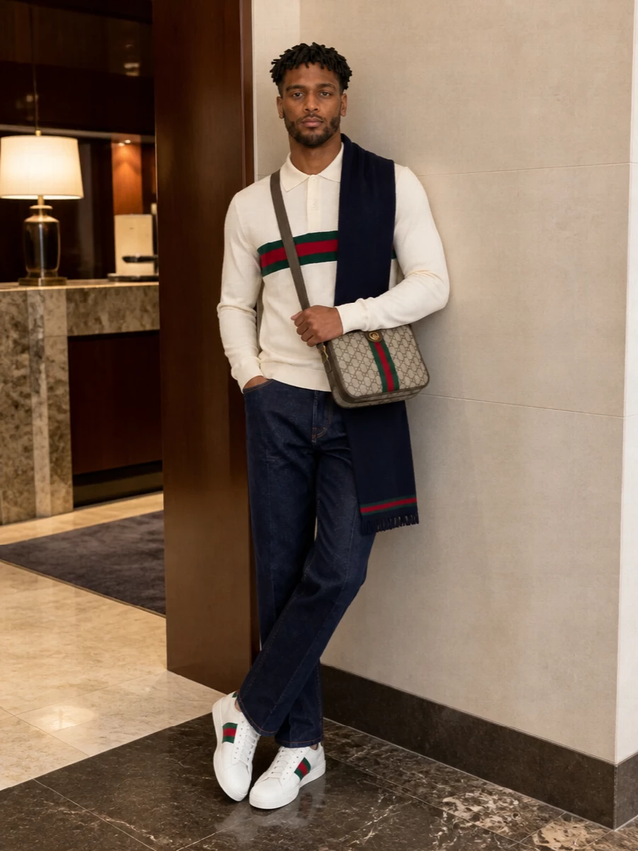 Gucci cream polo dark denim web sneakers