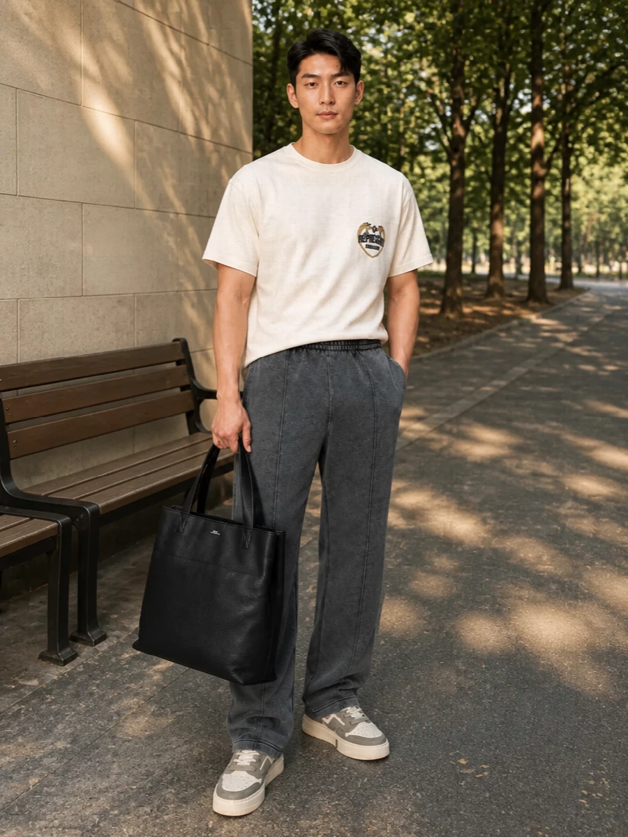 Represent tee charcoal pants taupe sneakers outfit