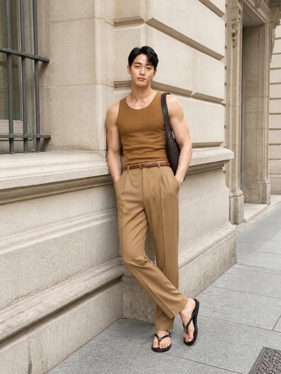 Saint laurent camel tank pleated trousers outfit