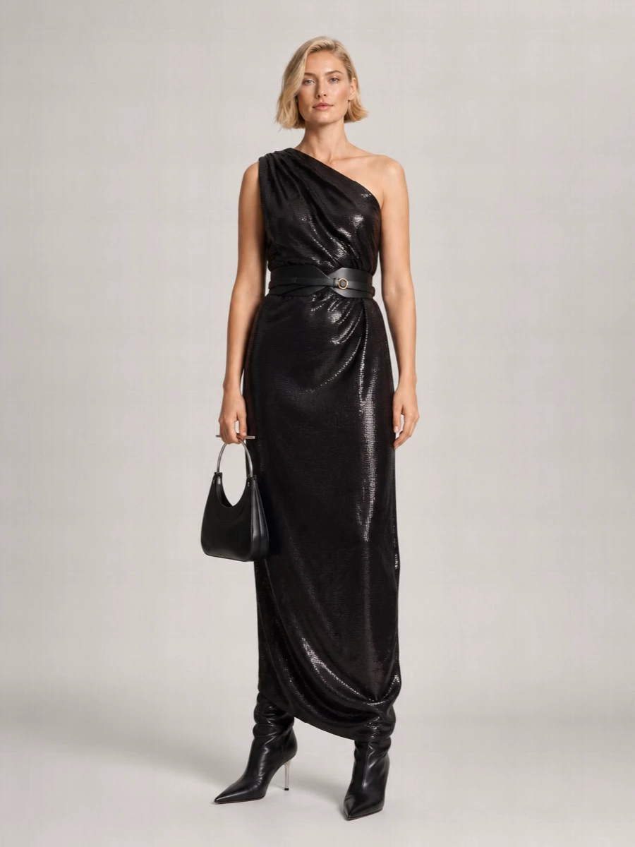 Rick Owens Embroidered Asymmetric One-Shoulder Sequinned Maxi Dress