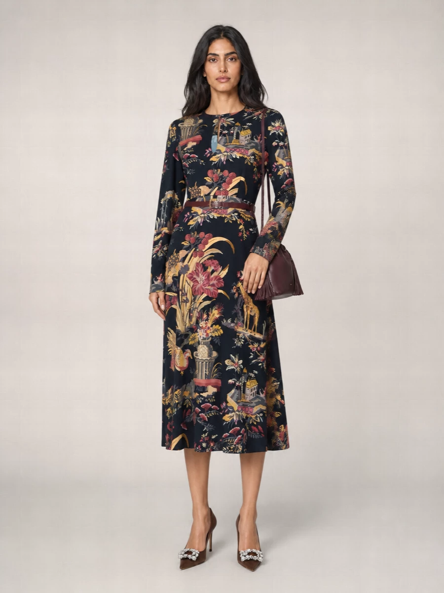 Etro Floral-Print Long-Sleeve Midi Dress