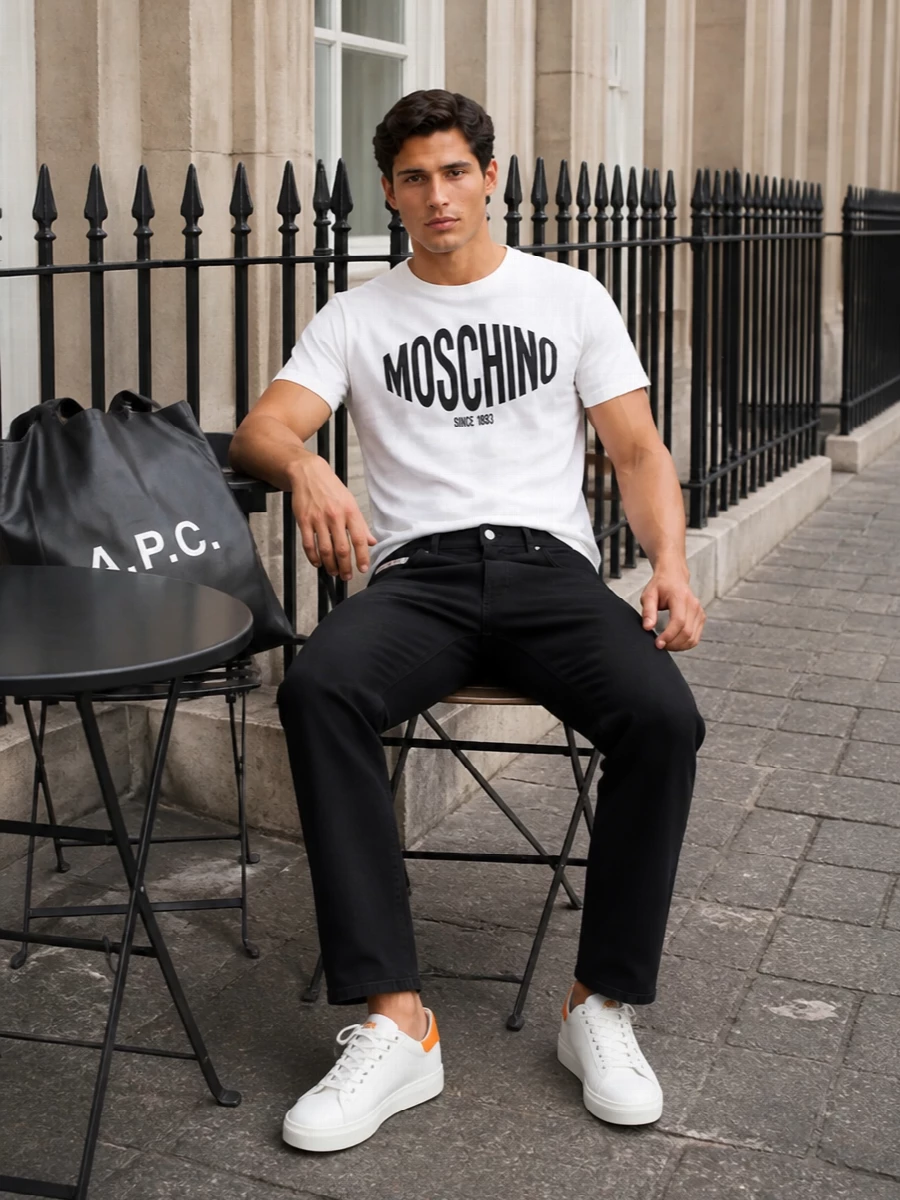 Moschino logo tee black jeans sneakers