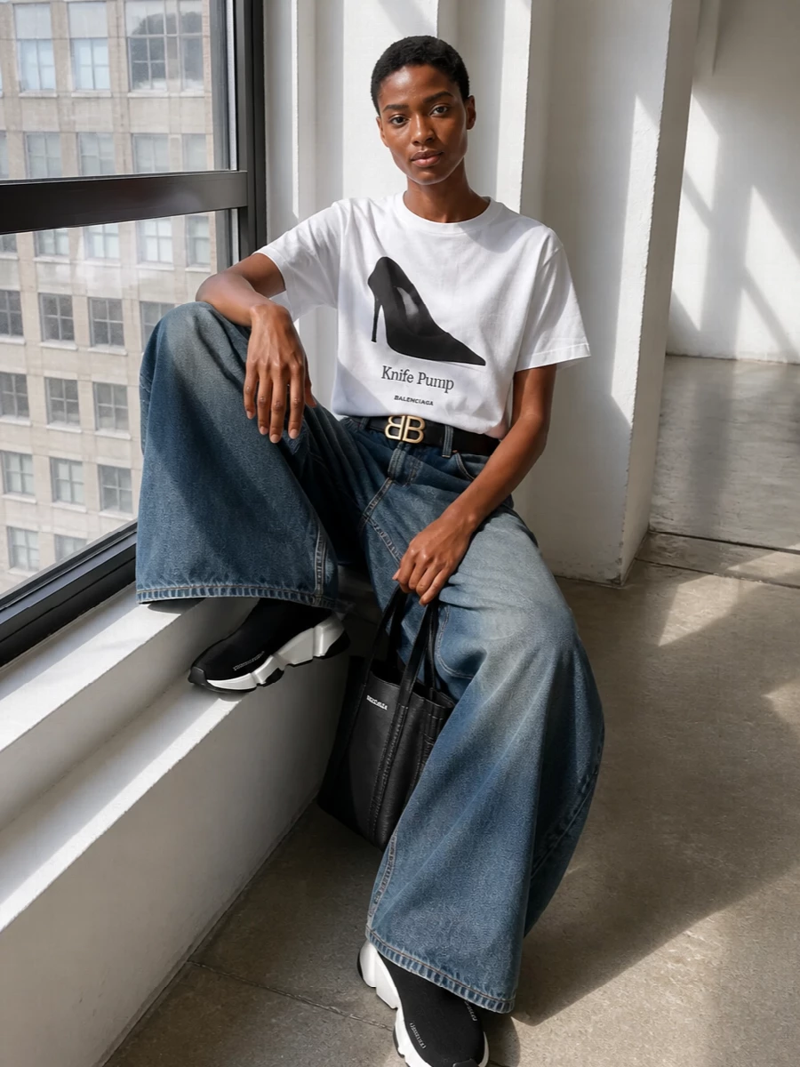Balenciaga wide leg jeans logo tee sock sneakers