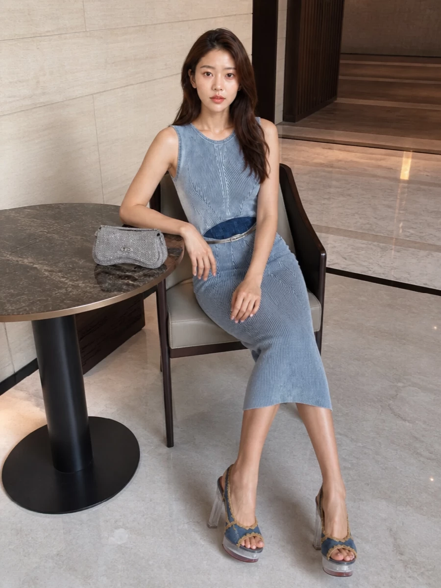 Diesel denim cut out dress silver heels bag