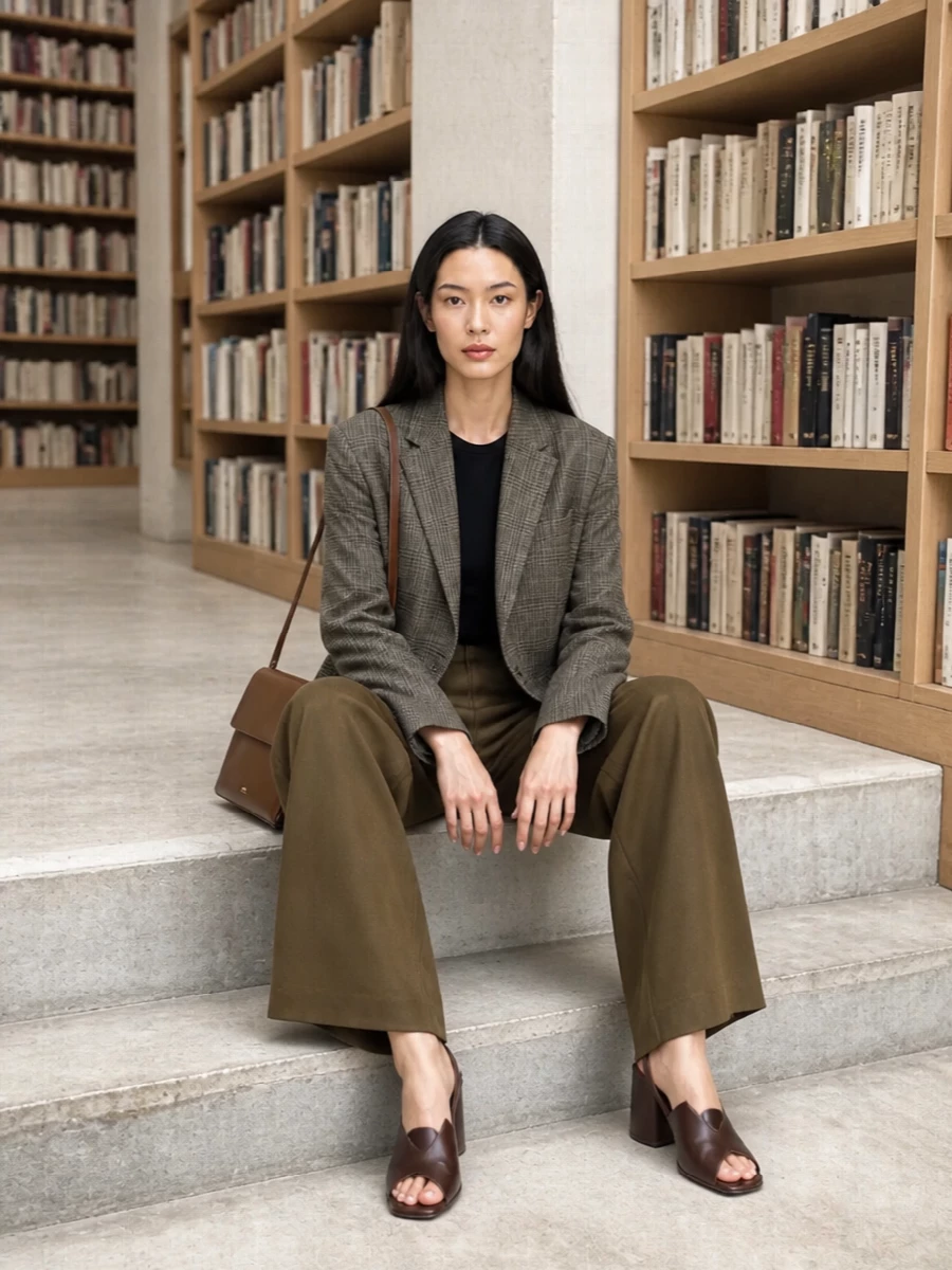 Relaxed Parisian tailoring in moss and olive tones creates a long, calm line that feels serious enough for meetings yet easy for late afternoons. The wide-leg trouser balances the boxy blazer, while chocolate accessories quietly ground the palette. It is soft power dressing for someone who prefers nuance over logos.