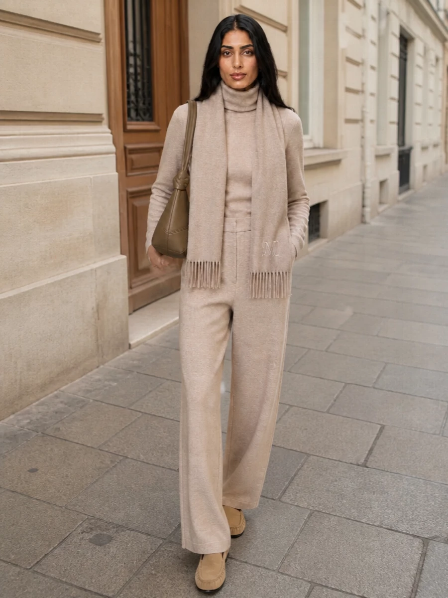 Neutral wide leg trousers camel turtleneck outfit