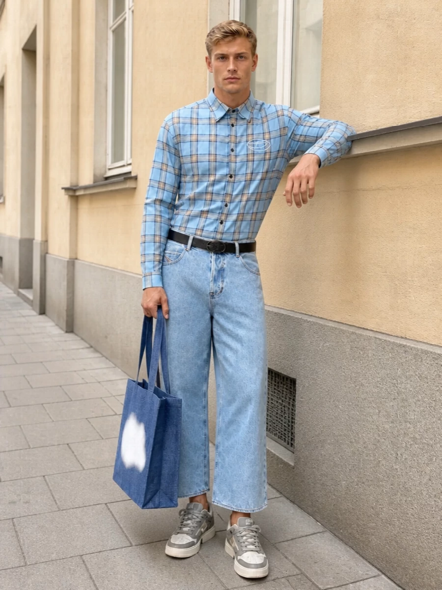 Light-wash cropped wide-leg denim meets a soft sky-blue plaid shirt for a relaxed streetwear take that still feels put together. Chunky neutral sneakers echo the sand tones and balance the volume, while a structured denim tote and sleek logo belt keep the whole mix sharp and graphic rather than sloppy.