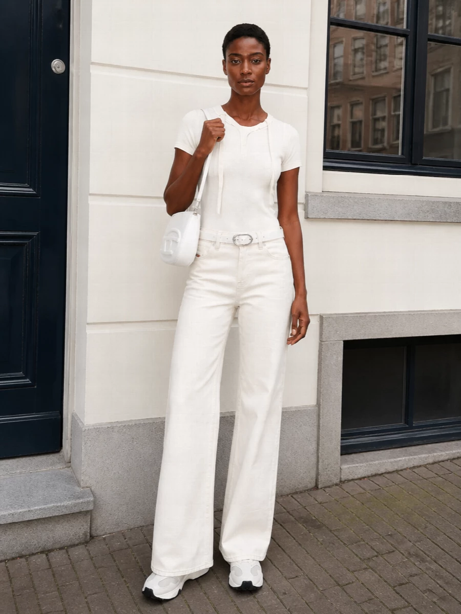 Diesel white ribbed top off white wide leg jeans
