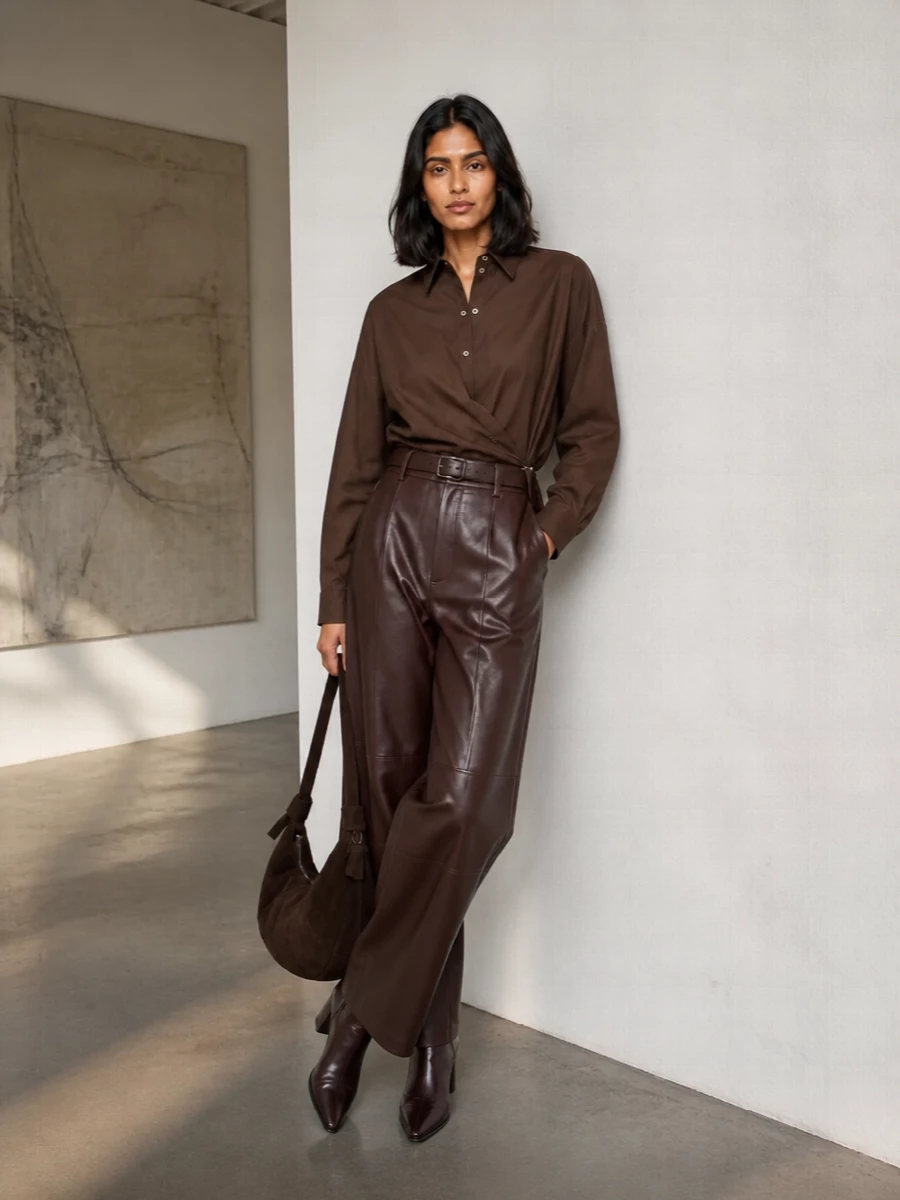 Lemaire shirt brown leather wide leg trousers
