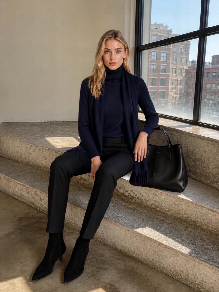 The row navy turtleneck black tailored pants