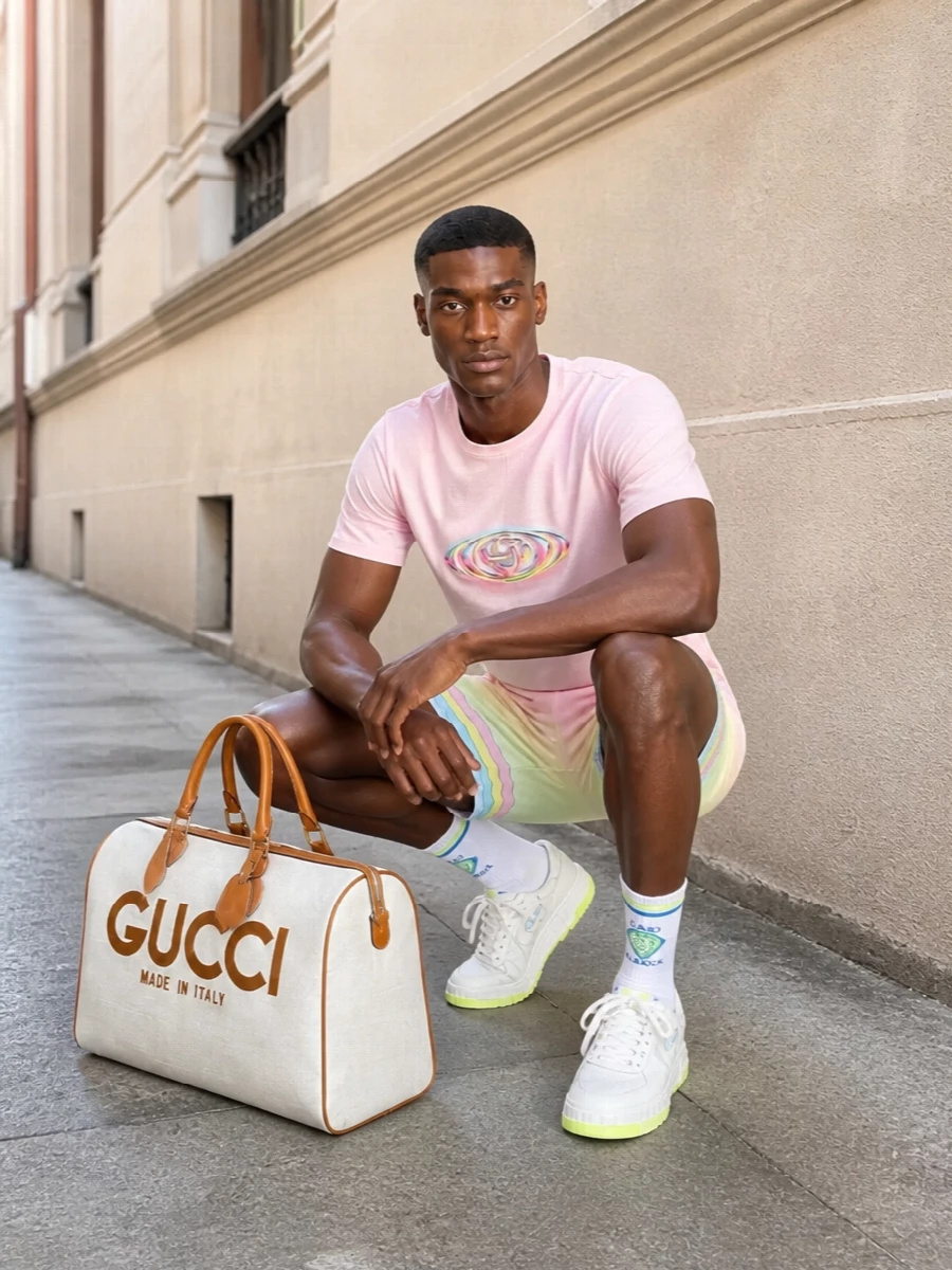 Soft pastels run from the Casablanca tee into the gradient shorts, giving a sun-faded, almost matching-set feel that still reads relaxed and easy. Neon-accent sneakers and graphic socks keep the energy sporty and youthful, while the structured Gucci canvas tote introduces a touch of classic Italian polish without interrupting the color story.