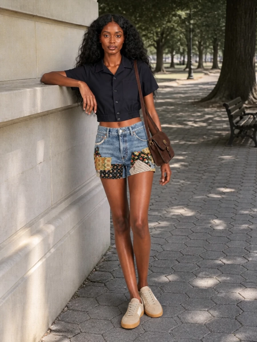 Patchwork denim shorts meet a cropped navy camp shirt for a clean, modern take on romantic summer denim. Soft beige suede sneakers and a chocolate cross-body keep the palette warm and grounded while keeping the focus on the artisanal detailing of the shorts. The result is polished off-duty energy with a subtle quiet-luxury edge that still feels playful and easy to wear all day.