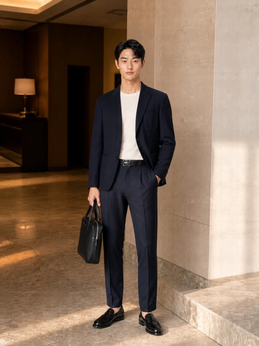 Giorgio armani navy trouser black prada loafer